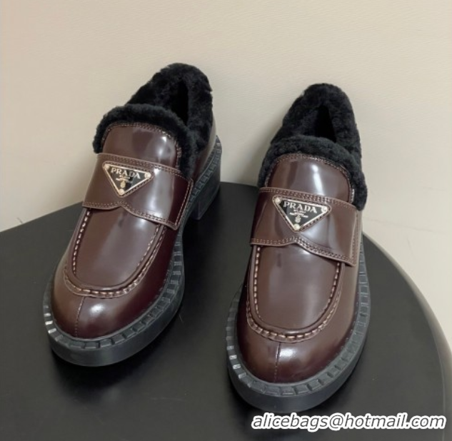 Stylish Prada Brushed Leather and Wool Loafers Brown 2025 1D246M 1027048