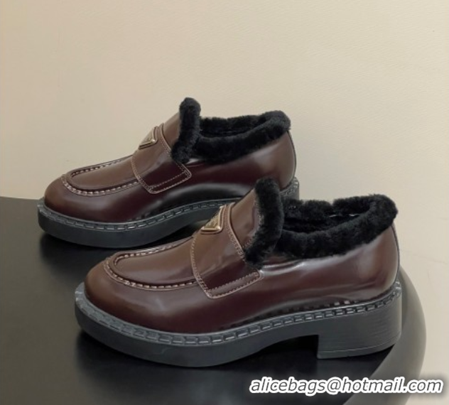 Stylish Prada Brushed Leather and Wool Loafers Brown 2025 1D246M 1027048