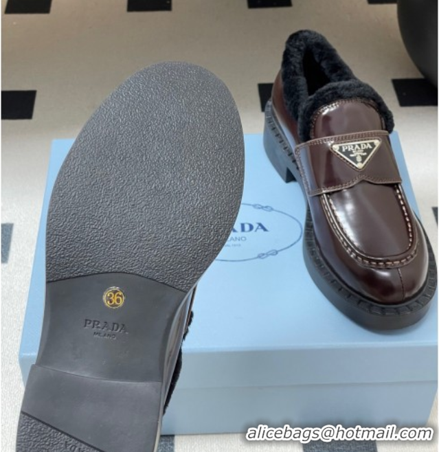Stylish Prada Brushed Leather and Wool Loafers Brown 2025 1D246M 1027048