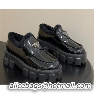 Popular Style Prada Monolith Patent Leather and Wool Platform Loafers 5cm Black 2025 1D649M 1027049