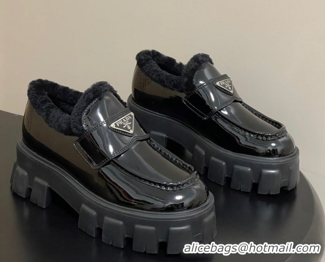 Popular Style Prada Monolith Patent Leather and Wool Platform Loafers 5cm Black 2025 1D649M 1027049