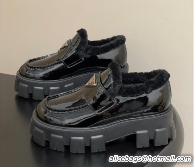 Popular Style Prada Monolith Patent Leather and Wool Platform Loafers 5cm Black 2025 1D649M 1027049