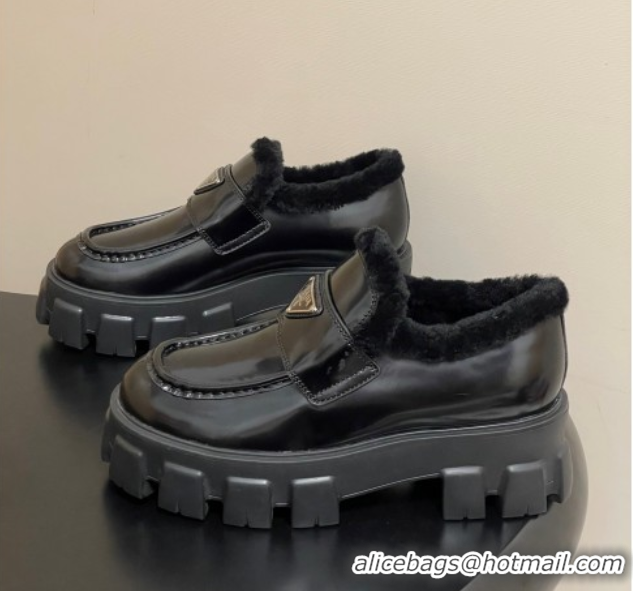Popular Style Prada Monolith Patent Leather and Wool Platform Loafers 5cm Black 2025 1D649M 1027049