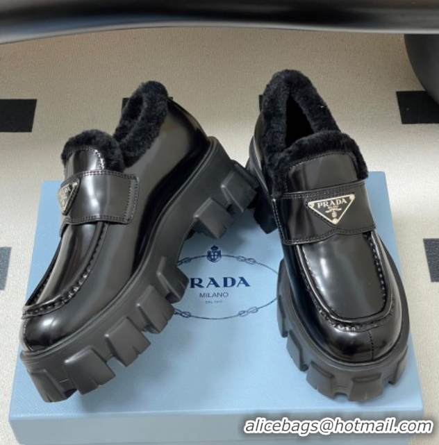 Popular Style Prada Monolith Patent Leather and Wool Platform Loafers 5cm Black 2025 1D649M 1027049