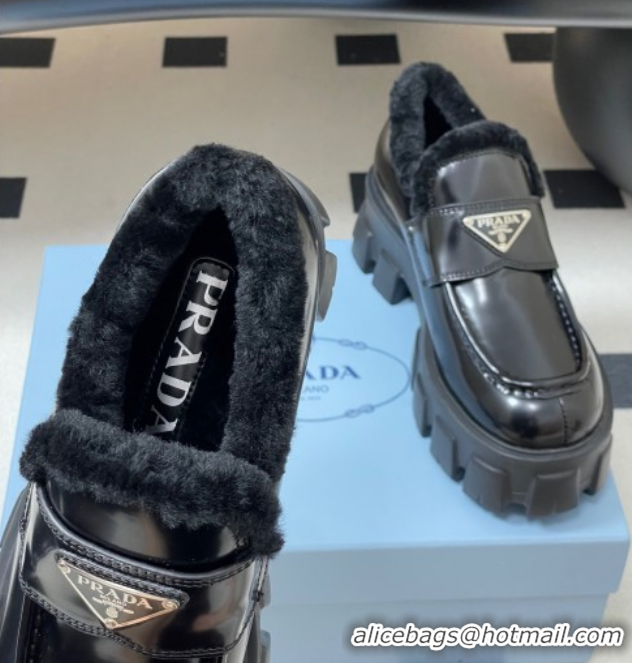 Popular Style Prada Monolith Patent Leather and Wool Platform Loafers 5cm Black 2025 1D649M 1027049