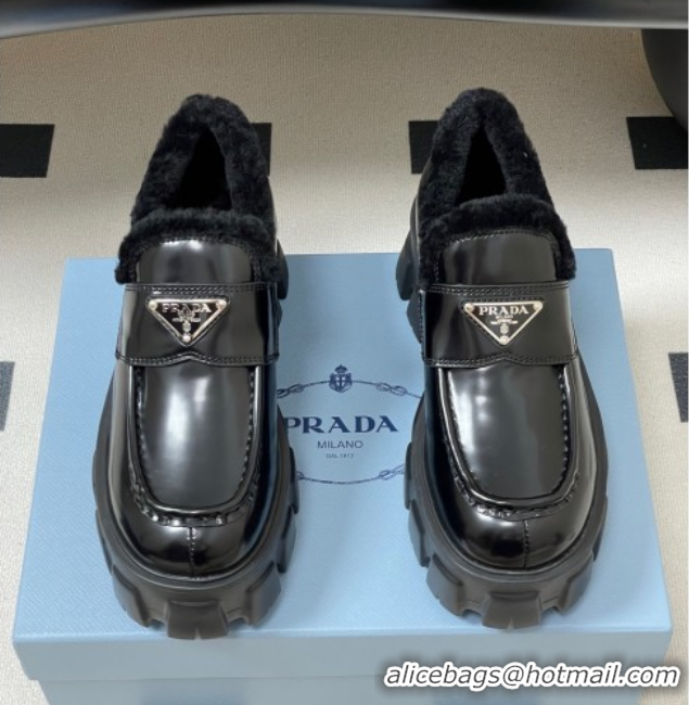 Most Popular Prada Monolith Brushed Leather and Wool Platform Loafers 5cm Black 2025 1D649M 1027050