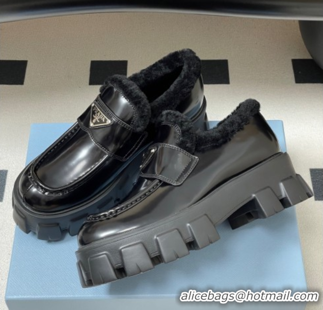 Most Popular Prada Monolith Brushed Leather and Wool Platform Loafers 5cm Black 2025 1D649M 1027050