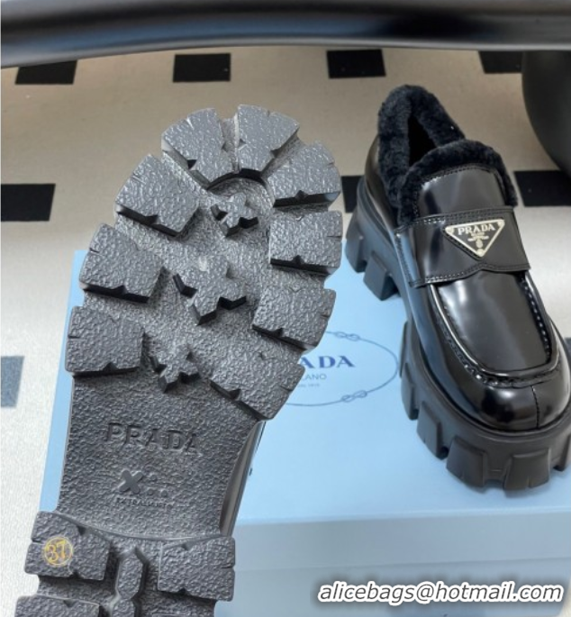 Most Popular Prada Monolith Brushed Leather and Wool Platform Loafers 5cm Black 2025 1D649M 1027050