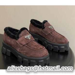 Pretty Style Prada Monolith Suede and Wool Platform Loafers 5cm Brown 2025 1D649M 1027051