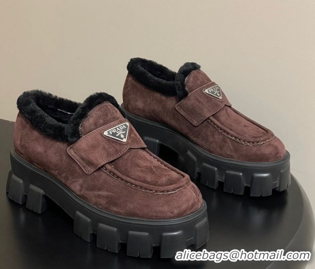 Pretty Style Prada Monolith Suede and Wool Platform Loafers 5cm Brown 2025 1D649M 1027051