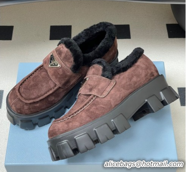 Pretty Style Prada Monolith Suede and Wool Platform Loafers 5cm Brown 2025 1D649M 1027051