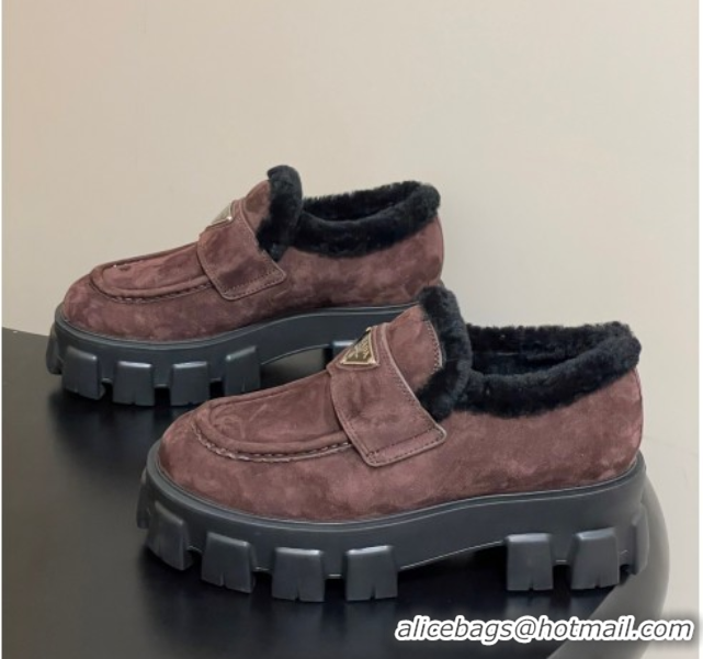 Pretty Style Prada Monolith Suede and Wool Platform Loafers 5cm Brown 2025 1D649M 1027051