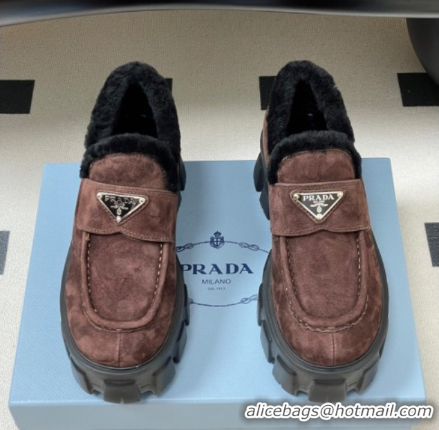 Pretty Style Prada Monolith Suede and Wool Platform Loafers 5cm Brown 2025 1D649M 1027051