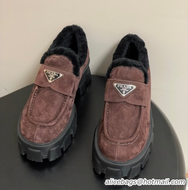 Pretty Style Prada Monolith Suede and Wool Platform Loafers 5cm Brown 2025 1D649M 1027051