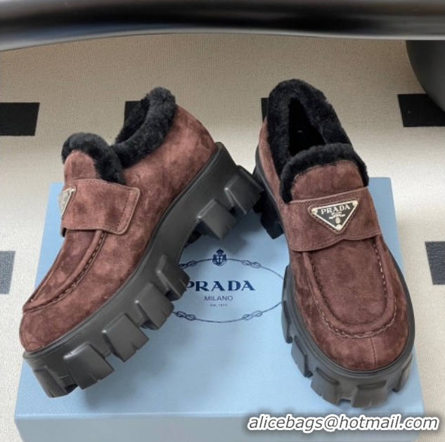 Pretty Style Prada Monolith Suede and Wool Platform Loafers 5cm Brown 2025 1D649M 1027051