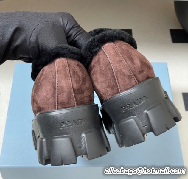 Pretty Style Prada Monolith Suede and Wool Platform Loafers 5cm Brown 2025 1D649M 1027051