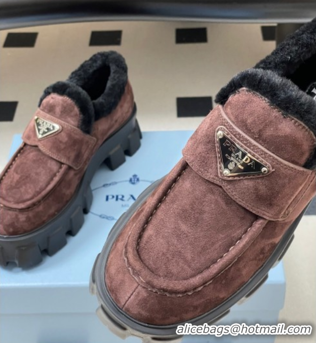 Pretty Style Prada Monolith Suede and Wool Platform Loafers 5cm Brown 2025 1D649M 1027051