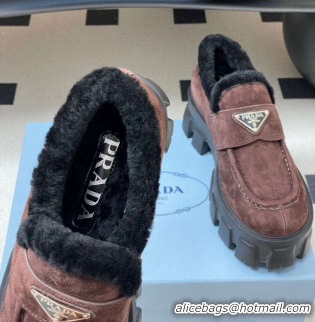 Pretty Style Prada Monolith Suede and Wool Platform Loafers 5cm Brown 2025 1D649M 1027051