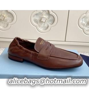 Shop Duplicate Prada Shuffle Antiqued Leather Loafers Cognac Brown 1027052