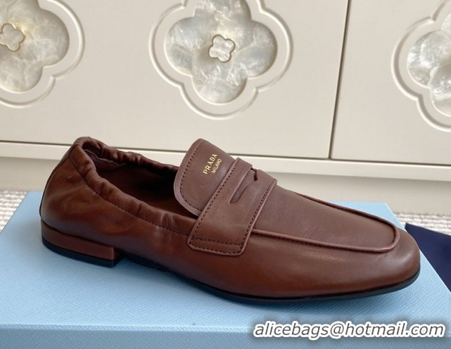 Shop Duplicate Prada Shuffle Antiqued Leather Loafers Cognac Brown 1027052