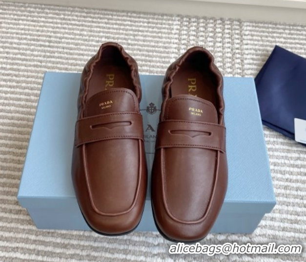 Shop Duplicate Prada Shuffle Antiqued Leather Loafers Cognac Brown 1027052