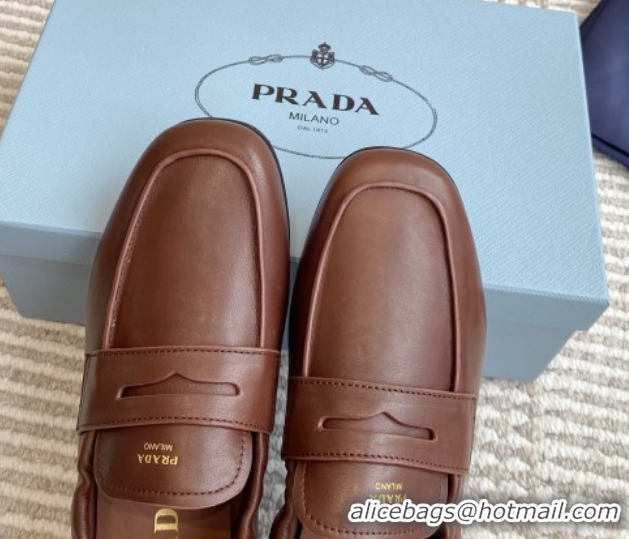 Shop Duplicate Prada Shuffle Antiqued Leather Loafers Cognac Brown 1027052