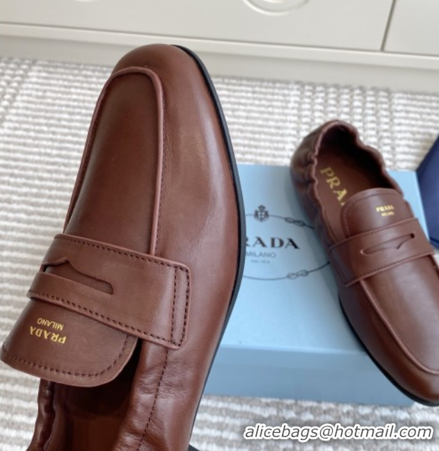 Shop Duplicate Prada Shuffle Antiqued Leather Loafers Cognac Brown 1027052