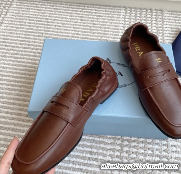 Shop Duplicate Prada Shuffle Antiqued Leather Loafers Cognac Brown 1027052