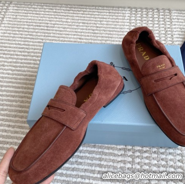 Top Design Prada Shuffle Antiqued Suede Loafers Brown 1D051O 1027055