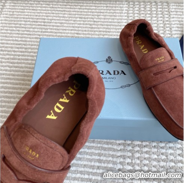Top Design Prada Shuffle Antiqued Suede Loafers Brown 1D051O 1027055