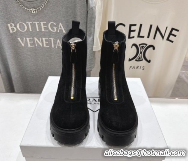 Charming Prada Suede Platform Booties 5cm with Zip Black 2025 1T328O 1027060