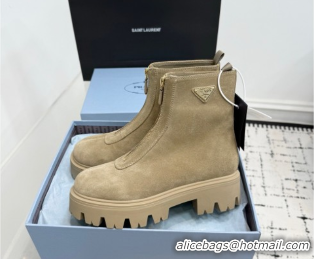 Perfect Prada Suede Platform Booties 6cm with Zip Beige 2025 1T328O 1027061