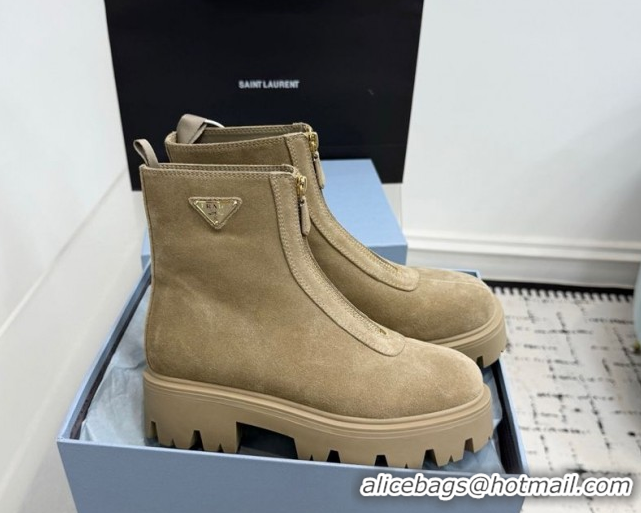 Perfect Prada Suede Platform Booties 6cm with Zip Beige 2025 1T328O 1027061