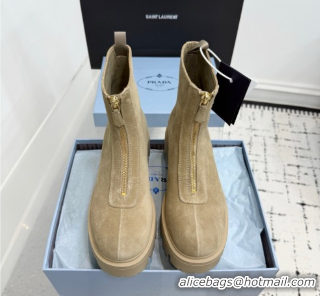Perfect Prada Suede Platform Booties 6cm with Zip Beige 2025 1T328O 1027061