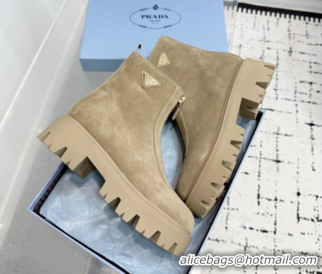Perfect Prada Suede Platform Booties 6cm with Zip Beige 2025 1T328O 1027061