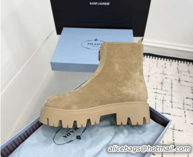 Perfect Prada Suede Platform Booties 6cm with Zip Beige 2025 1T328O 1027061