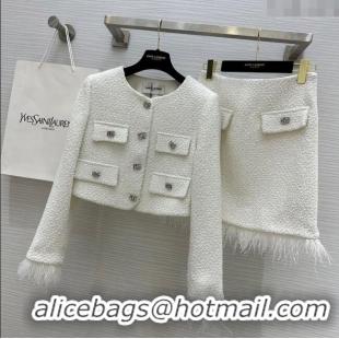 Well Crafted Saint Laurent Tweed Jacket & Skirt with Ostrich Feather S92516 White 2025