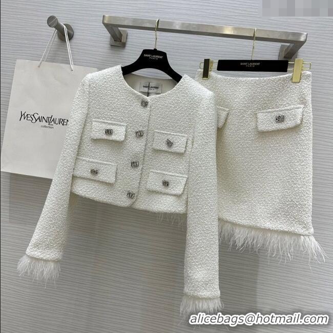 Well Crafted Saint Laurent Tweed Jacket & Skirt with Ostrich Feather S92516 White 2025