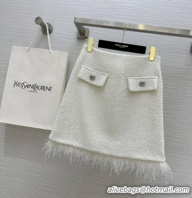 Well Crafted Saint Laurent Tweed Jacket & Skirt with Ostrich Feather S92516 White 2025