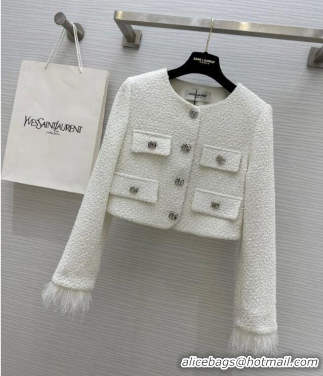 Well Crafted Saint Laurent Tweed Jacket & Skirt with Ostrich Feather S92516 White 2025