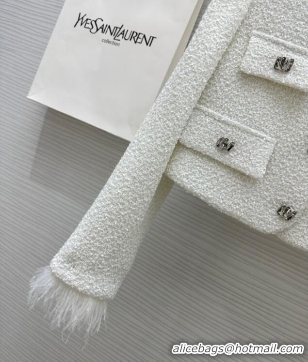 Well Crafted Saint Laurent Tweed Jacket & Skirt with Ostrich Feather S92516 White 2025