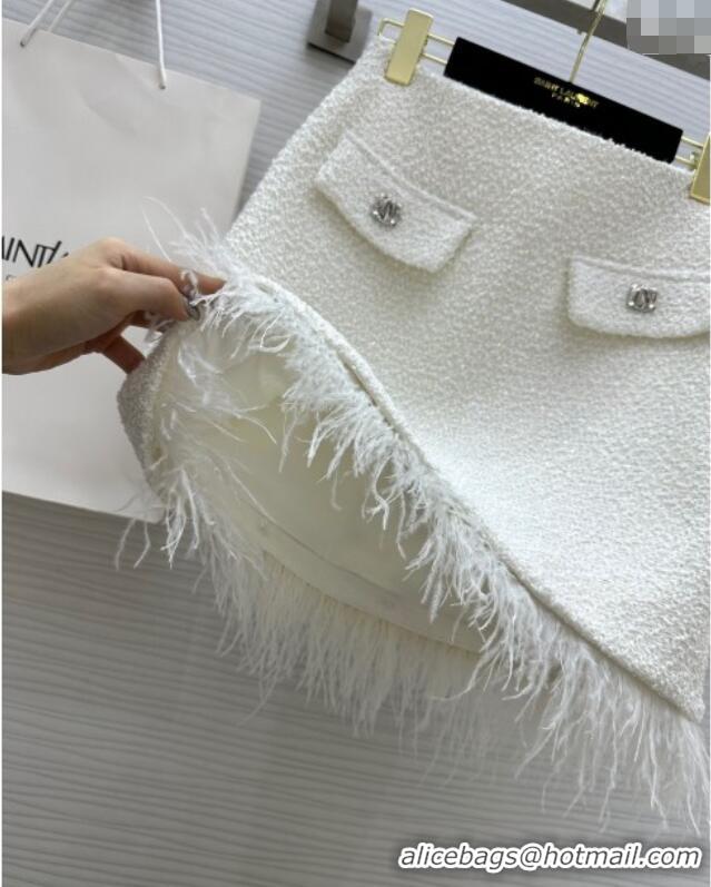 Well Crafted Saint Laurent Tweed Jacket & Skirt with Ostrich Feather S92516 White 2025