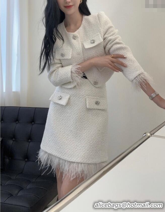 Well Crafted Saint Laurent Tweed Jacket & Skirt with Ostrich Feather S92516 White 2025