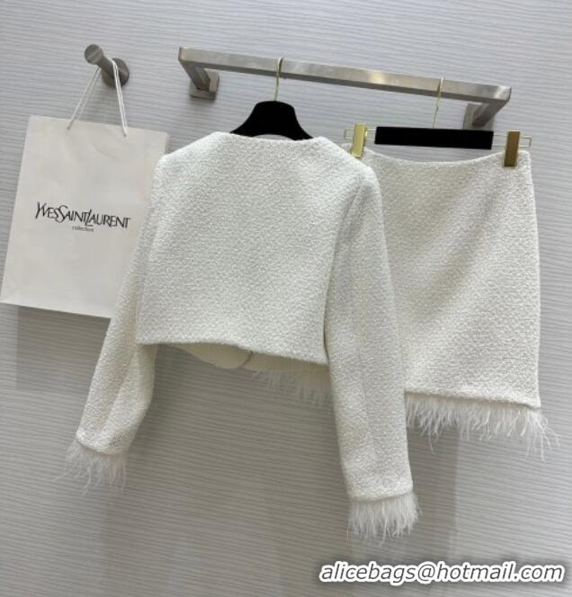 Well Crafted Saint Laurent Tweed Jacket & Skirt with Ostrich Feather S92516 White 2025