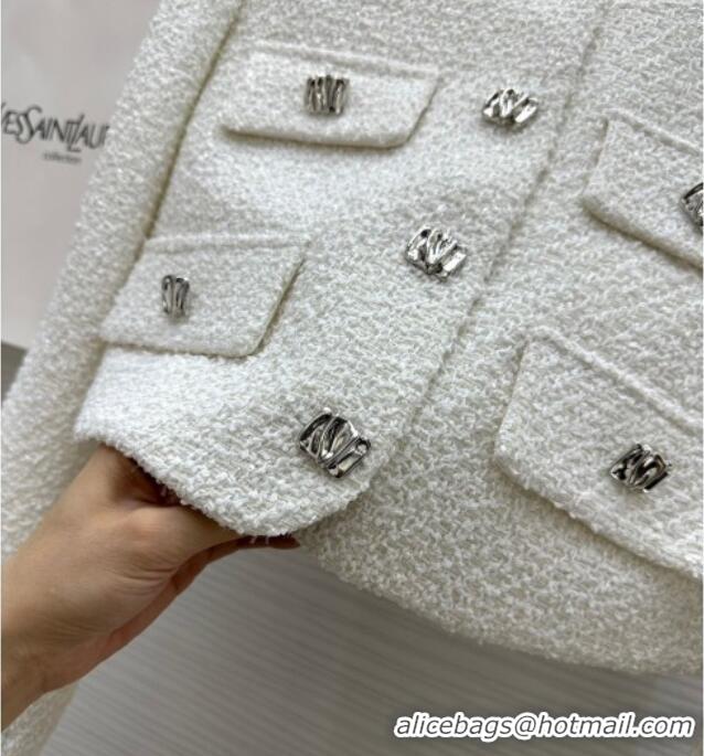 Well Crafted Saint Laurent Tweed Jacket & Skirt with Ostrich Feather S92516 White 2025