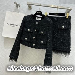 Big Discount Saint Laurent Tweed Jacket & Skirt with Ostrich Feather S92517 Black 2025