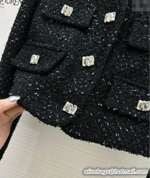 Big Discount Saint Laurent Tweed Jacket & Skirt with Ostrich Feather S92517 Black 2025