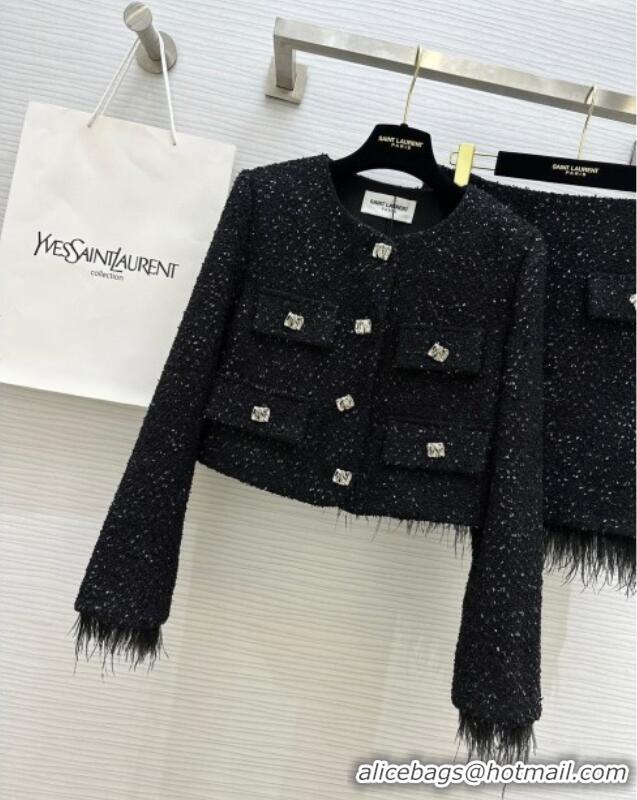 Big Discount Saint Laurent Tweed Jacket & Skirt with Ostrich Feather S92517 Black 2025