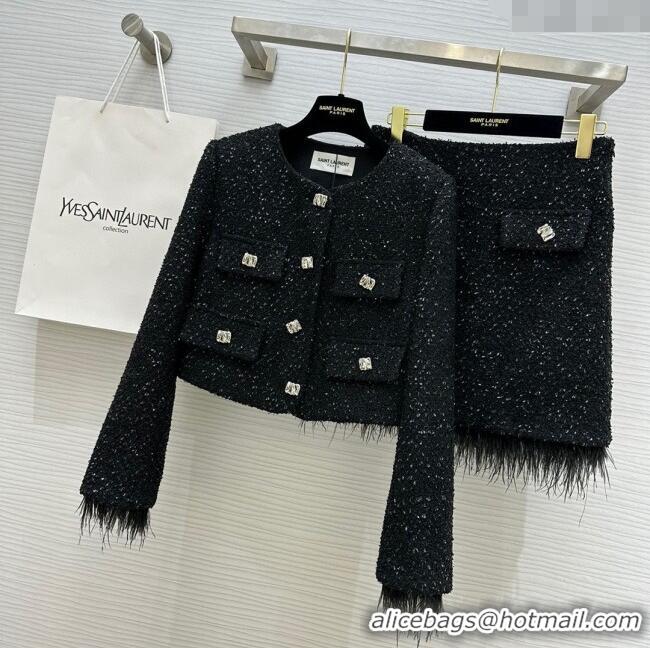Big Discount Saint Laurent Tweed Jacket & Skirt with Ostrich Feather S92517 Black 2025