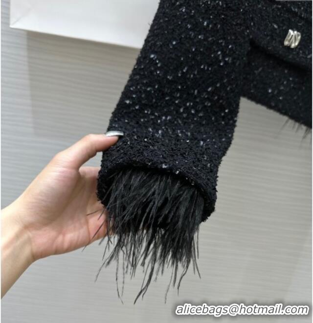 Big Discount Saint Laurent Tweed Jacket & Skirt with Ostrich Feather S92517 Black 2025